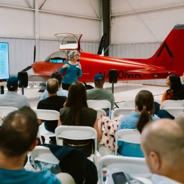 Airhart Aeronautics presents its aviation technology at an event in Long Beach.